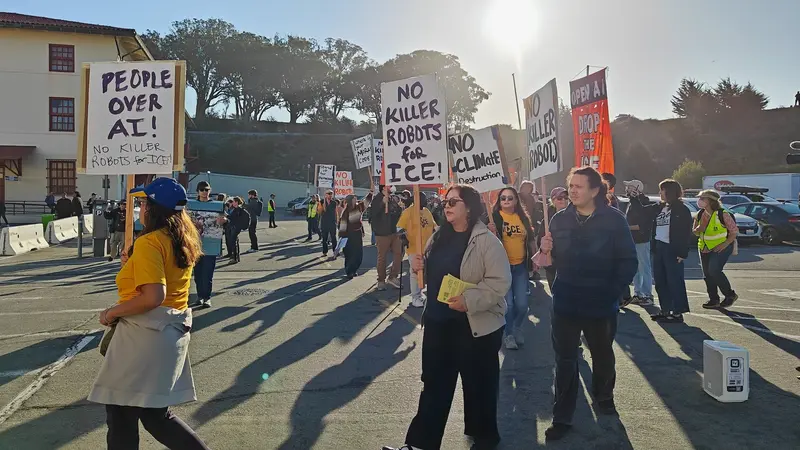 Protesters outside OpenAI’s DevDay conference in San Francisco