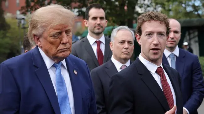 Donald Trump speaking with technology executives outside the White House